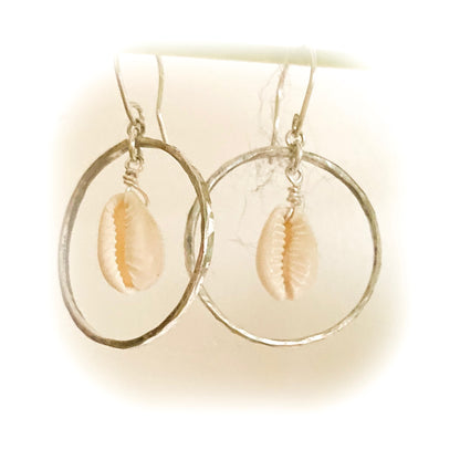 Silver Hoops with Cowrie Shell - Love Beach Beads