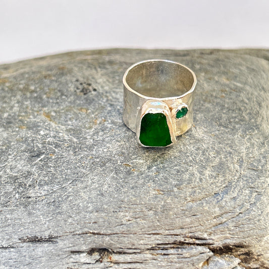 Emerald Green Ring with sea glass and emerald - Silver Lines Jewellery