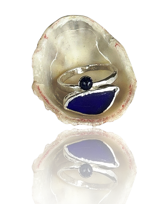 Sea Glass Ring With Lapis Azul - Silver Lines Jewellery